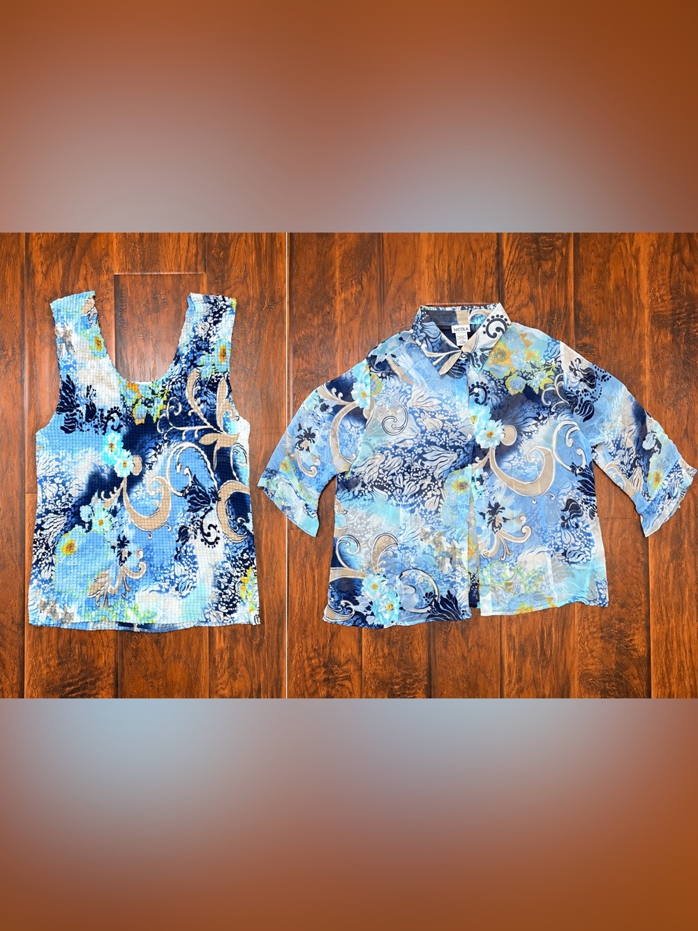 NICOLA 2 Piece Blue Floral Blouse & Tank Top Set Women’s XL